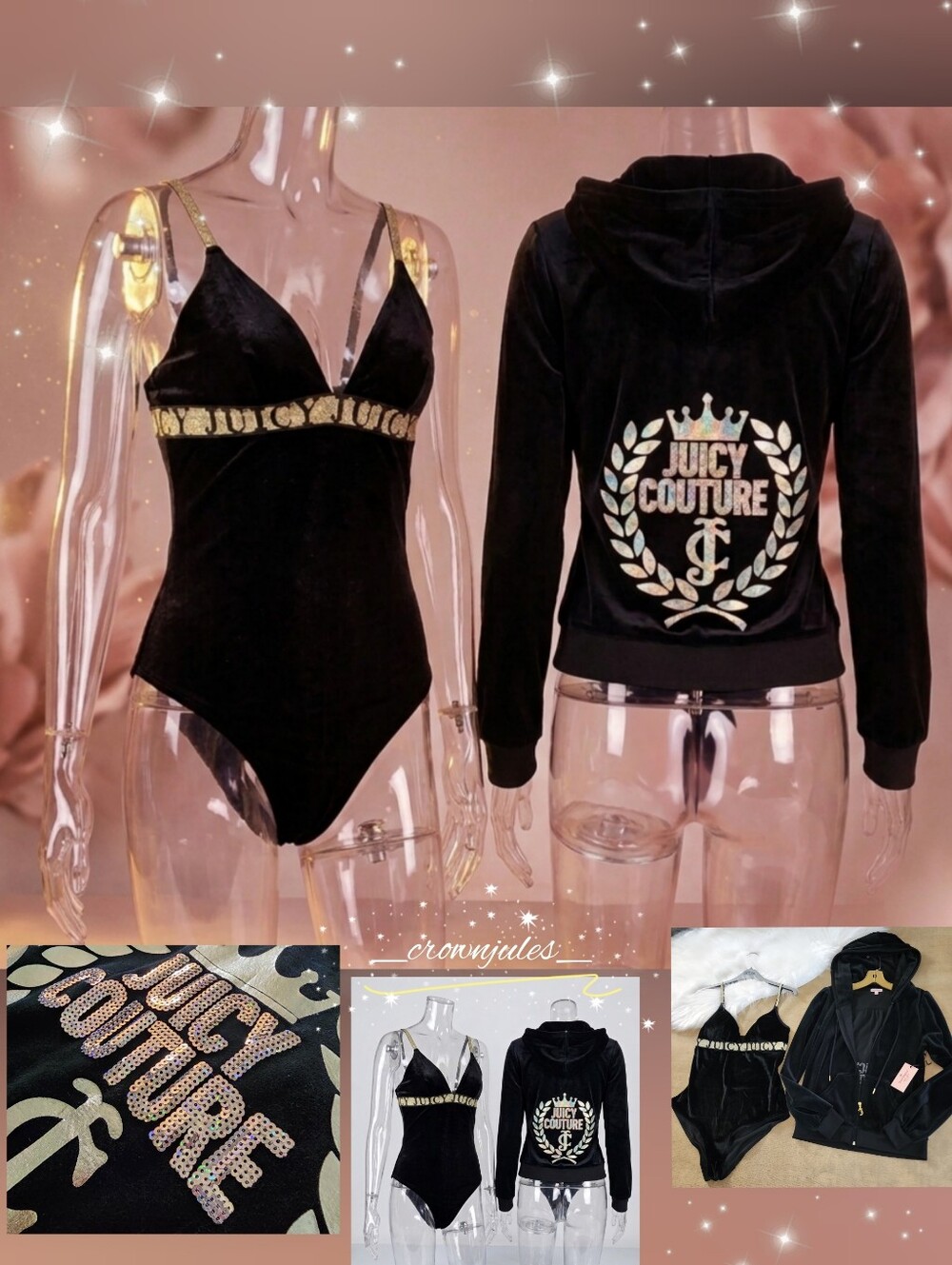 Juicy Couture Black Sequin Hoodie Jacket +bodysuit S & XL